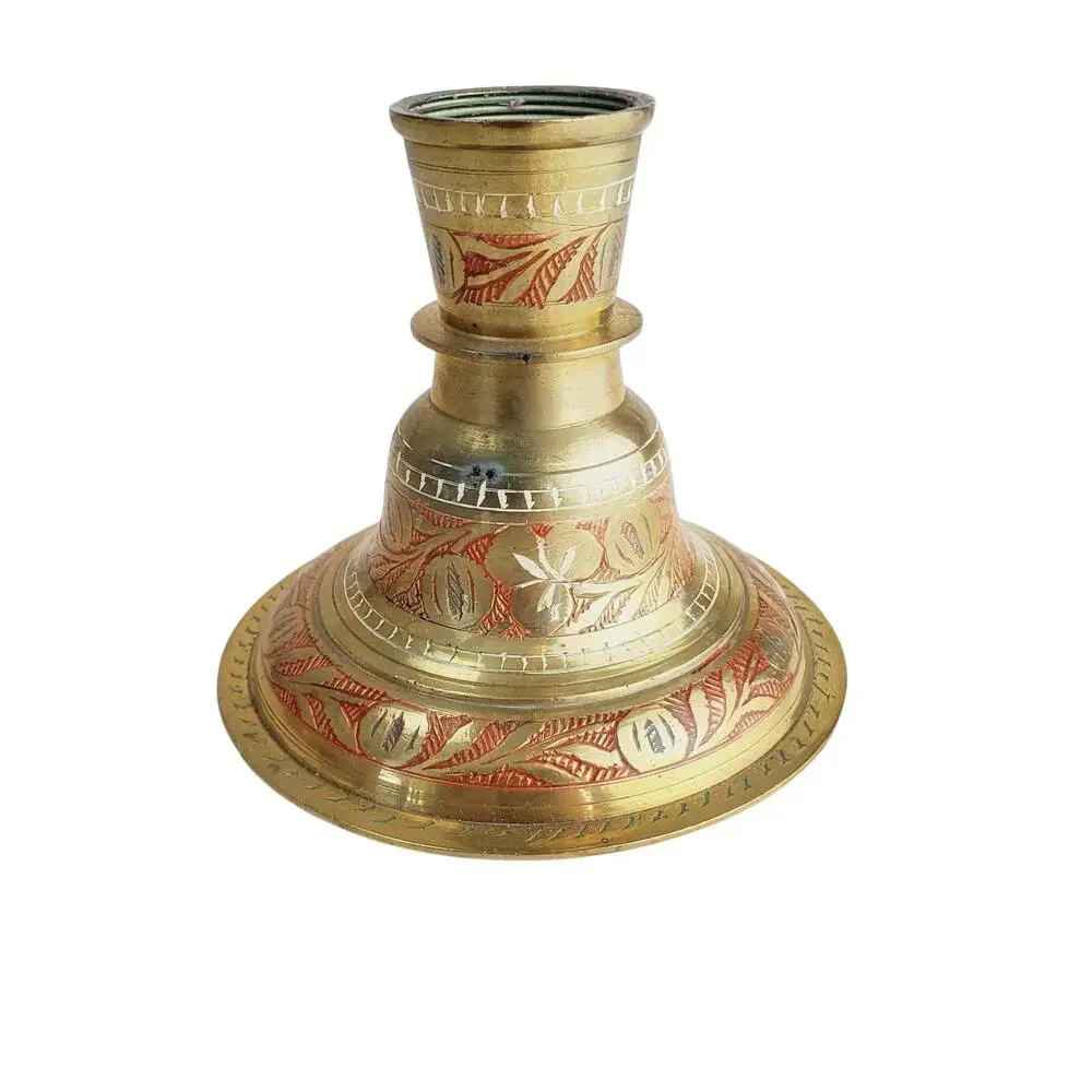 Antique Brass Hookah Base Pot Original Old Hand-Crafted Etched Floral Design Red
